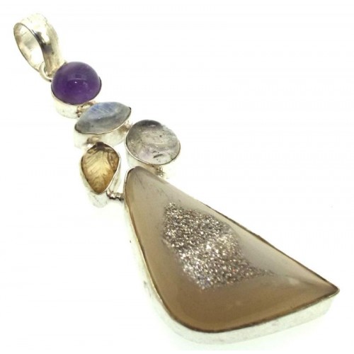 Druzy Agate Rainbow Moonstone and Amethyst Indian Silver Pendant 01